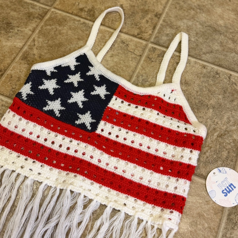 Get Sun Womens American Flag Crochet Fringe Crop Tank Top Red White Blue Small